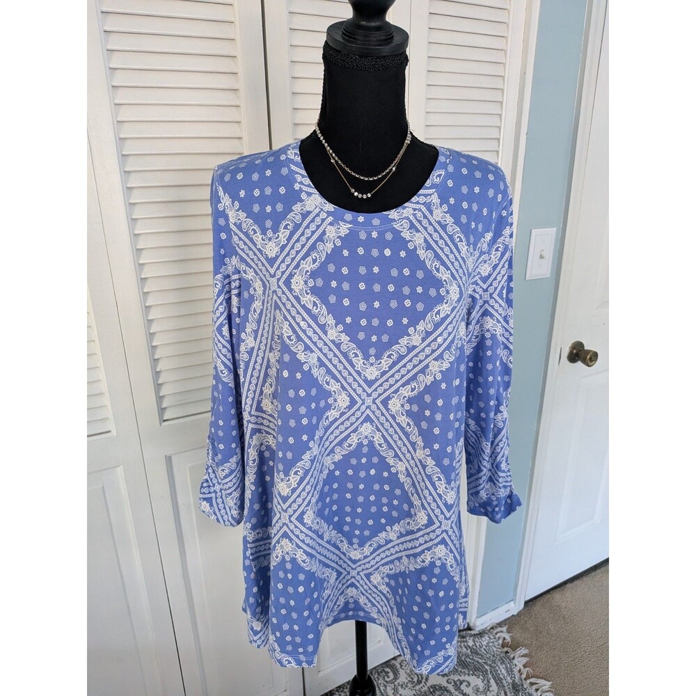 Multiples Top Womens M Bandana Print Blue White Sequin Tunic Resortwear Vacation
